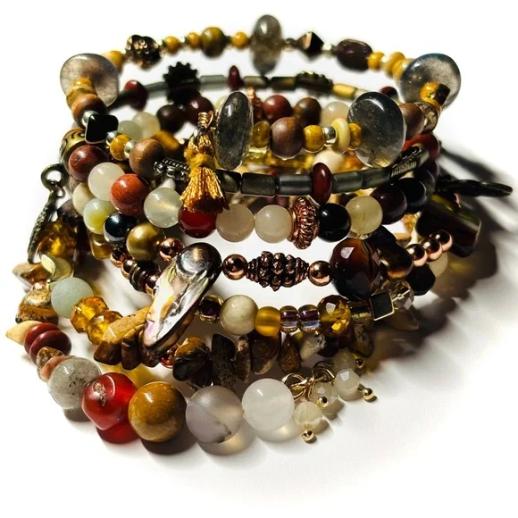 🆕 OOAK Bohemian Bead Mix Memory Wire Wrap Bracelet — Semi Precious Gemstone